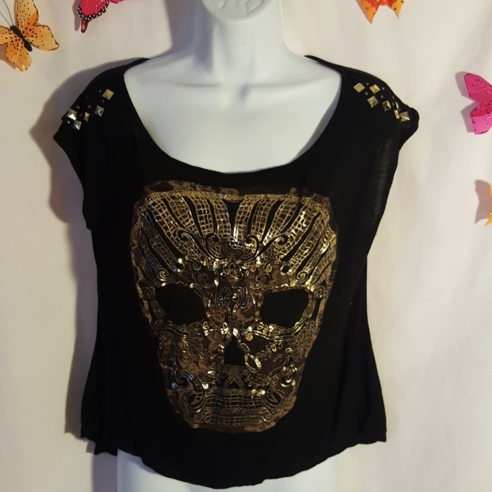 A'gaci Womens Black Tee With Gold Ornate Skull - Goth Glam Style - Medium